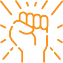 Line drawing of a hand making a thumbs-up gesture, outlined in orange and surrounded by radiating lines, symbolizing positivity or approval.
