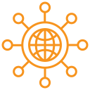 Orange icon of a globe with a grid pattern, surrounded by lines connected to nodes, symbolizing global connections or network.