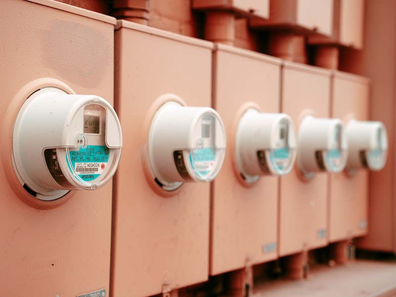 Row of five white electricity meters with blue labels and barcodes, mounted on a weathered terracotta wall with aged brown pipes running above them.