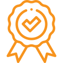 “Orange ribbon or badge with a white checkmark in the center, symbolizing achievement or approval, on a white background.