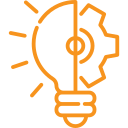 Line drawing of an orange light bulb, split in half with the left side filled in, symbolizing creativity and ideas, with rays of light indicating it is turned on.