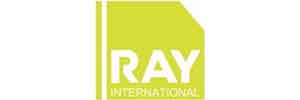 3D logo of Ray International, featuring the company’s name in white, all caps, sans-serif font on a yellow rectangle with a white border and a folded effect on the right side.